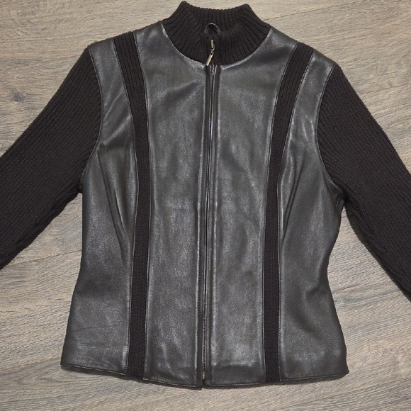 Worthington Geuine Leather Jacket With Ribbed Sweater Sleeves - Picture 1 of 11